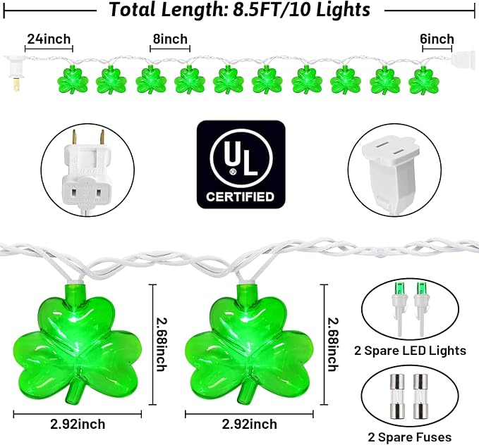 PASUTO 8.5FT Clear Green Shamrock Lights, St Patricks String Lights Outdoor Waterproof with 10 LED Light for rish Shamrock St Patrick's Day Party Indoor Home Garden Decorations