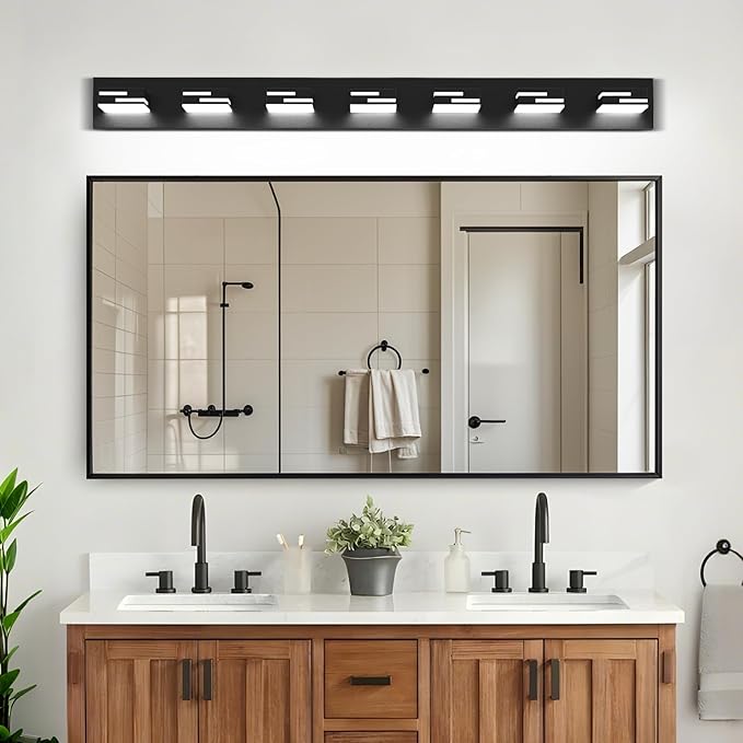 LED Modern Bathroom Vanity Light Fixtures, 7-Light 48-inch Dimmable Matte Black Vanity Lights for Bathroom Lighting Fixtures Over Mirror, with 360° Rotatable Acrylic Heads (Cool White 6000K)
