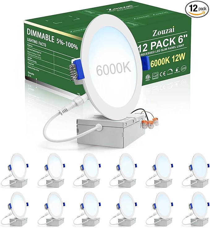 zouzai 12 Pack 6 Inch 6000K Ultra-Thin LED Recessed Light with Junction Box, 12W Dimmable,Ra>85 High Brightness - ETL and Energy Star Certified
