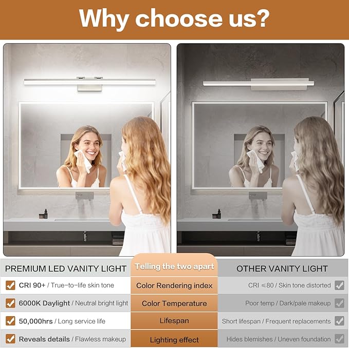 SOLFART 39.4 Inch 5 Color Temperature Dimmable Brushed Nickel Bathroom Light Fixture Vanity Light Over Mirror Modern Bathroom Lights Over Mirror 5CCT