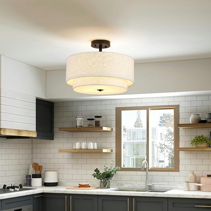 16" Semi Flush Mount Ceiling Light Fixture, 3-Light Gold Flush Mount Ceiling Light with Double Drum Linen Shades for Entryway Dining Room Bedroom Kitchen Hallway Living Room, E26 Socket