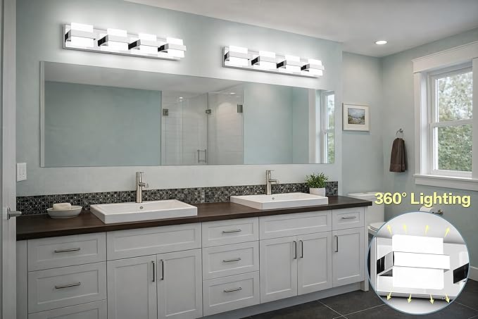 SOLFART Chrome Vanity Lights for Bathroom Above Mirror,4 Light Bathroom Light Fixtures, LED Lighting Fixture, Nickel Vanity Light,5 Color Temperature Adjustable Light Over Mirror