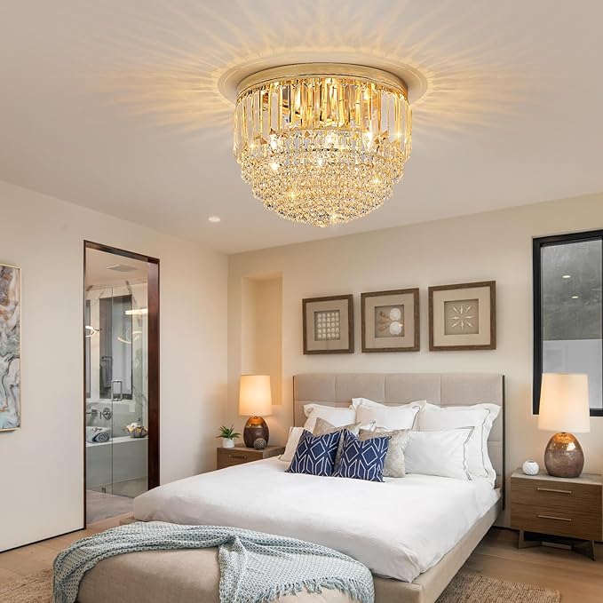 YMP&YZX Modern French Gold Crystal Chandelier Ceiling Light,15.7" Semi Flush Mount 5-Lights LED Crystal Round Chandelier Light E12 Base for Bedroom Living Room