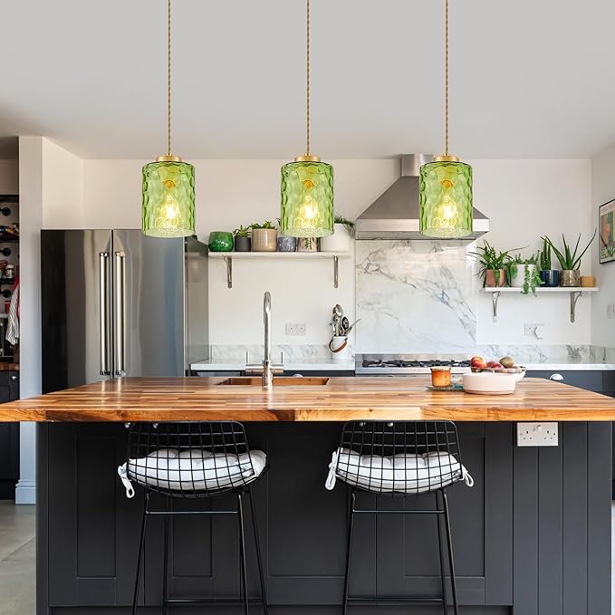 MWZ Gold Pendant Lights Kitchen Island 3 Pack, Modern Hanging Kitchen Pendant Lighting Over Sink with Green Hammered Glass Shade,Small Chandeliers Fixtures Adjustable Cord Hanging Lighting