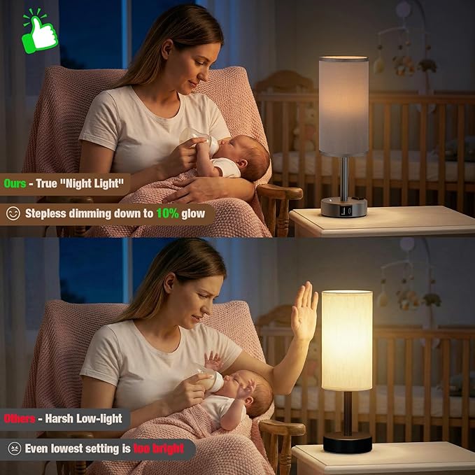 Touch Bedside Table Lamp with Memory - Stepless Dimmable Lamp for Bedroom, Small Nightstand Lamp with Dual USB Charging Ports and AC Outlet, Wood Night Light, Deak Lamp for Nursery (Grey & Grey)