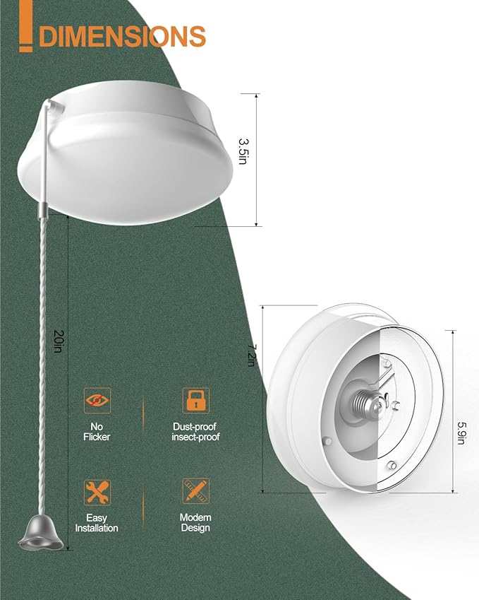 Flush Mount Ceiling Light with Pull Chain Surface Mount LED Light Fixture for Closet, 7 inch 12W 1300lm 125W Equivalent Pull String Light Fixture Ceiling Mount for Laundry, Bedroom, Hallway-2Pack