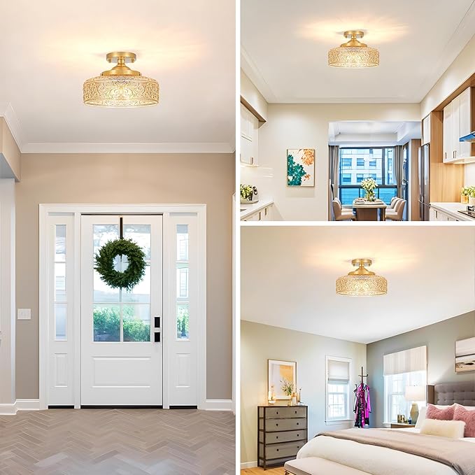 Gold Semi Flush Mount Ceiling Light, 3-Light Close to Ceiling Light with Amber Glass, Vintage Hallway Lights, Brass Closet Light Fixture, Kitchen Flush Ceiling Mount for Entryway Bedroom Bathroom,E12