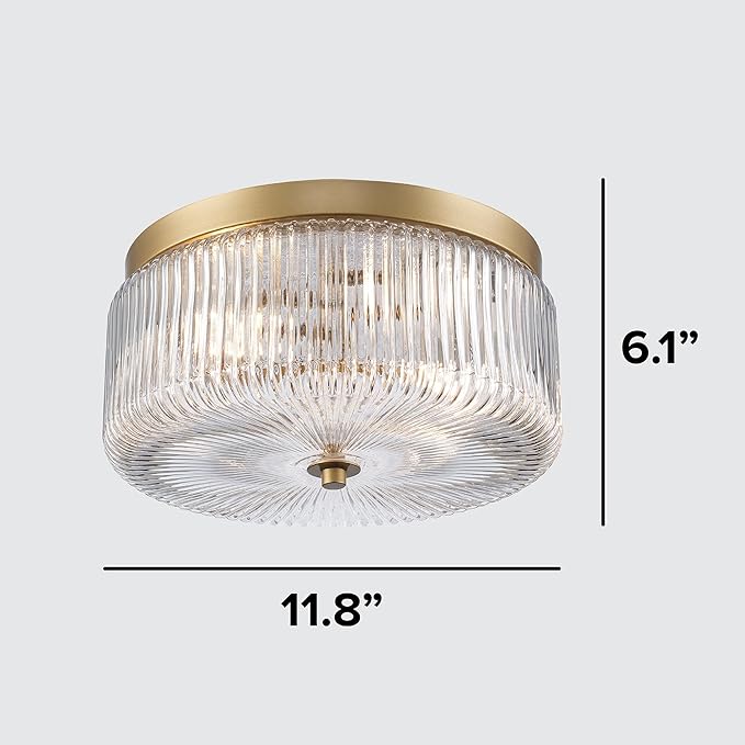 Ashbourne Semi Flush Mount Ceiling Light, Modern Gold Finish with Clear Ribbed Glass Shade, Mid-Century Drum Fixture for Bedroom, Kitchen, Hallway, Dining Room & Entryway, E26 Base