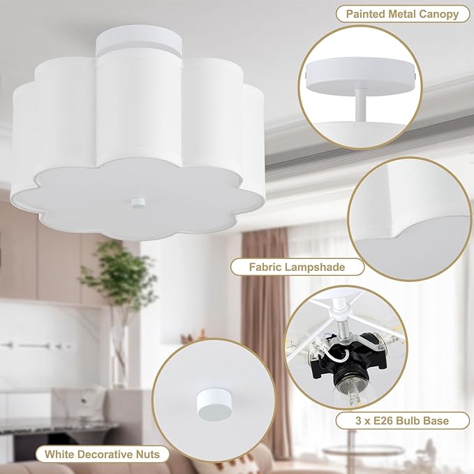 13.3"Semi Flush Mount Ceiling Light Fixture, 3-Light Modern Close to Ceiling Light With Fabric Flower-Shaped Shade, Light Fixtures Ceiling Mount for Bedroom Nursery Kids Room Living Room(White)