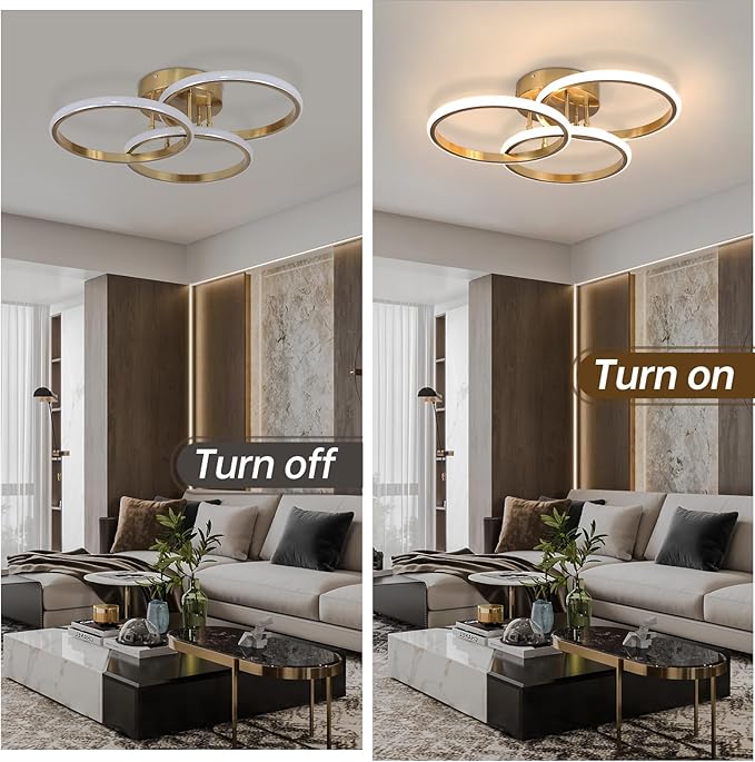 Modern Ceiling Light Fixture,3 Rings Dimmable Flush Mount Ceiling Light with Remote Control, Gold Close to Ceiling Lighting Fixtures for Bedroom Living Room Dining Room Kitchen Ceiling Lamp