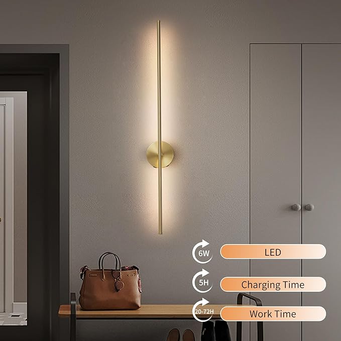 40" Gold Battery Operated Wall Sconces Set of Two Modern Rechargeable Wall Sconces with Remote Control LED Dimmable Wall Lights for Living Room Bedroom Hallway (2 Pack)