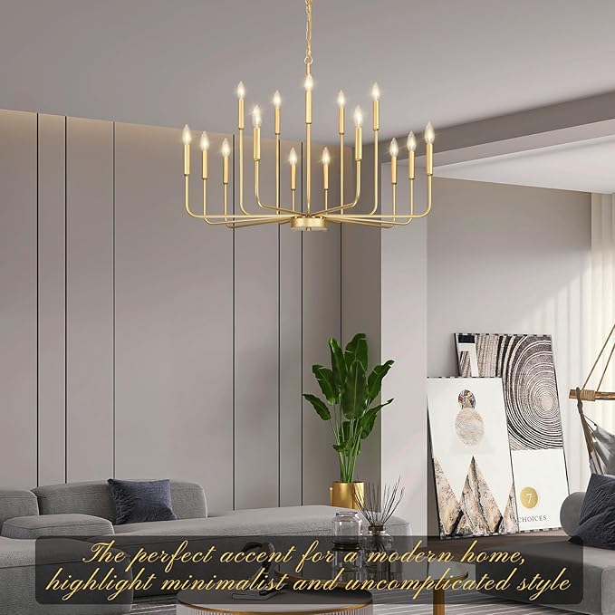 Gold Chandeliers for Dining Room Light Fixture Over Table, Modern Farmhouse Chandeliers for Living Room,15-Lights Industrial Metal Candle Lighting Fixtures for Entryway Kitchen Island Foyer