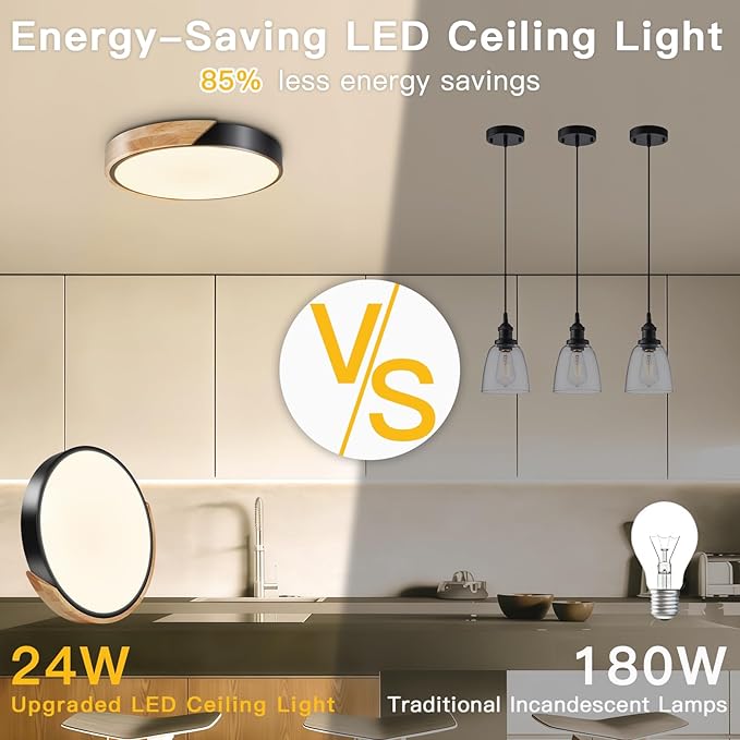 Modern Flush Mount Ceiling Light, Wood Ceiling Light Fixture, Warm White 3000K Not Dimmable, Minimalist Ceiling Lamp with Acrylic Lampshade for Bedroom, Living Room, Hallway(Black, 11.8")
