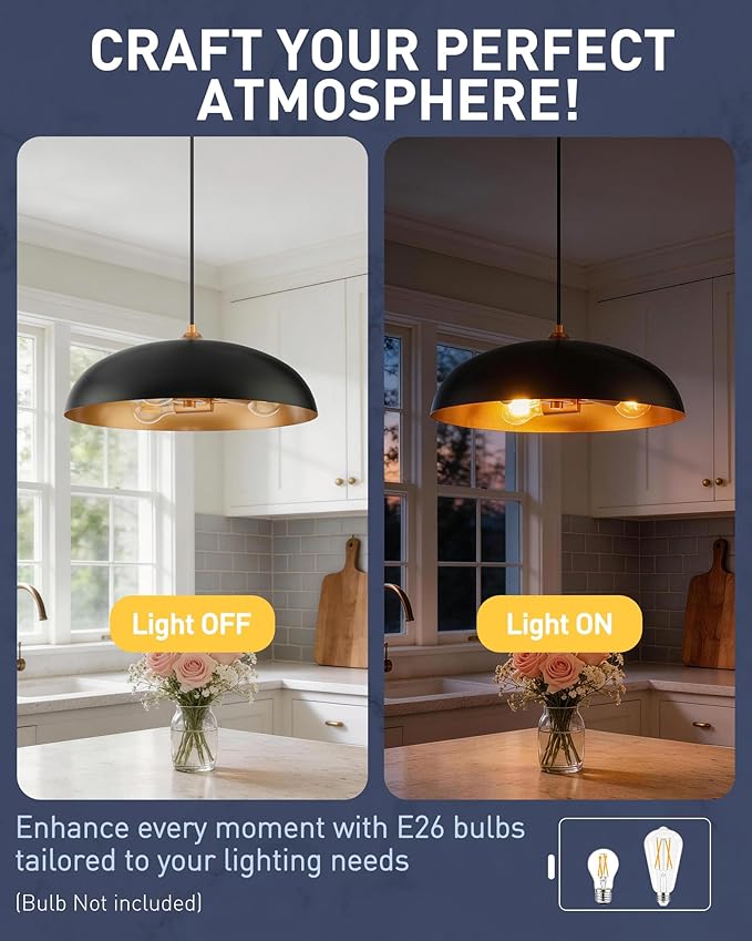 kudos 3-Light Pendant Lights, Modern Pendant Lights Kitchen Island with Matte Black Metal Finish and Gold Interior, Hanging Lamp with Adjustable Cord for Hallway Kitchen Bar Bedroom, KDPL02-BKE