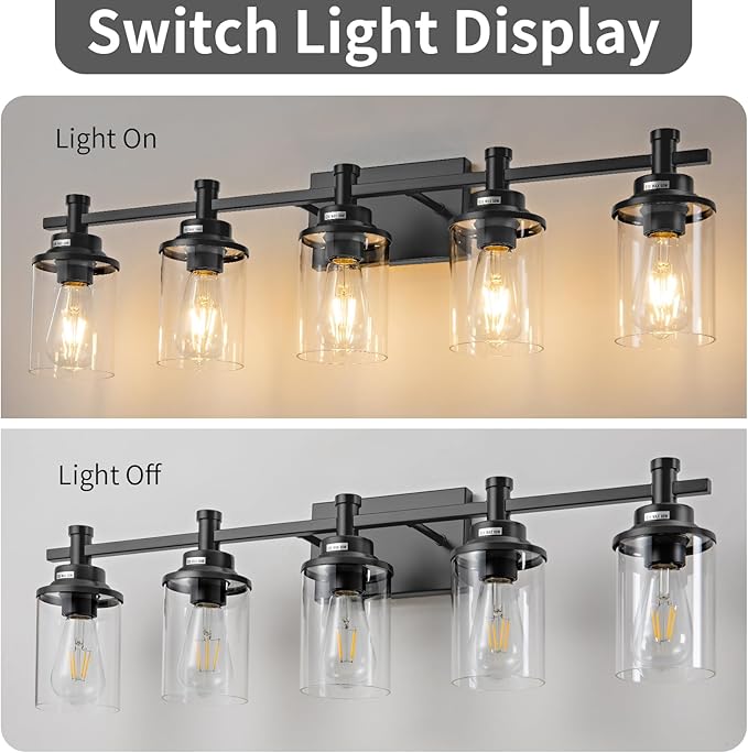 5-Light Black Bathroom Vanity Light, Modern Wall Sconces Over Mirror with Clear Glass Shade