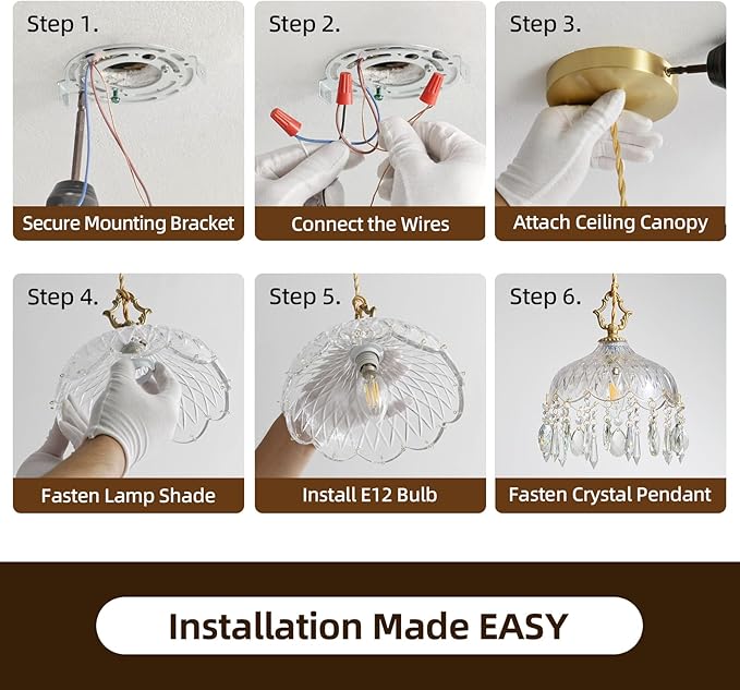 Vintage Small Crystal Pendant Light - Brass Gold Clear Glass Mini Adjustable Hanging Kitchen Island Chandelier - Unique Flower Art Deco for Bathroom Bar Bedroom Dining Room Hallway Closet Sink Over