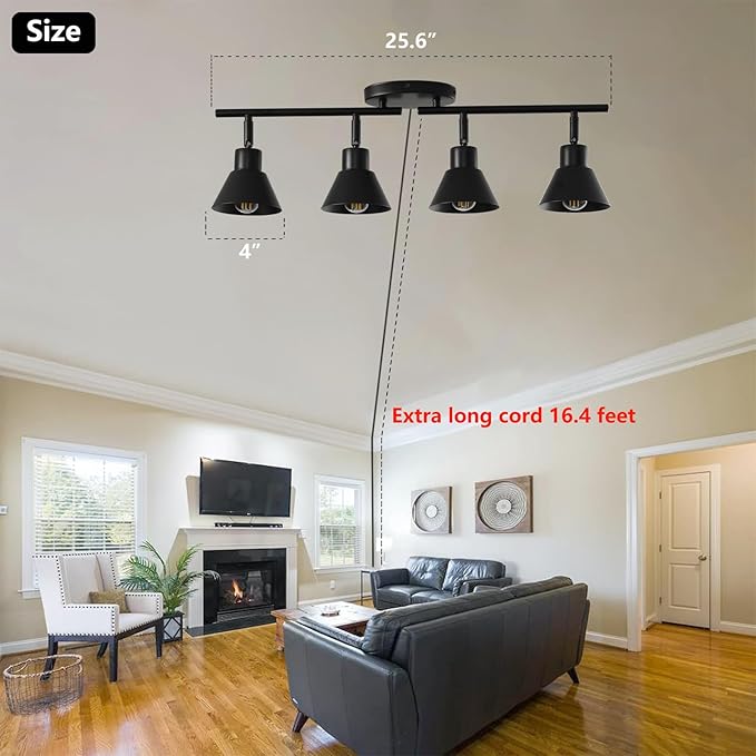 4 Light Plug in Track Lighting Kit,Modern Plug in Ceiling Light Fixture,16.4ft Cord,Timer & Dimming Switch,4 Way Ceiling Spot Lighting,Flexibly Rotatable Light Head (Black)