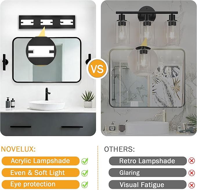 LED Bathroom Light Fixtures, 3-Light Modern Vanity Lights with Milky White Frosted Acrylic Shades, Matte Black Bathroom Lighting Fixtures Over Mirror, ETL Listed, 20W 5CCT Adjustable