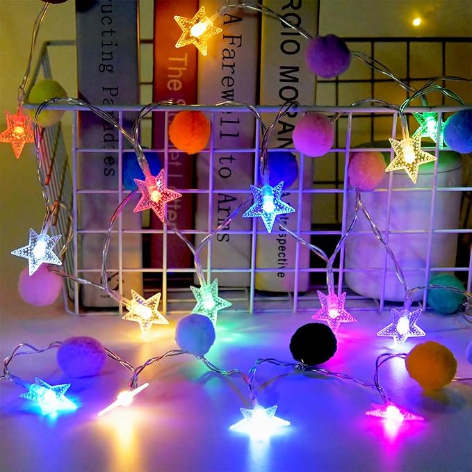 9.85FT String Lights for Kids Room with 20 Cute PomPoms 20 Colorful Star LED Indoor String Lights Battery Operated with Timer for Girls Bedroom Birthday Party Kids Playhouse Wedding Party Decoration
