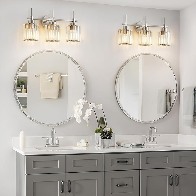 EJIAXIN 3 Light Crystal Bathroom Light Fixtures, Brushed Nickel Vanity Mirror Lights, Crystal Bath Vintage Wall Mounted Lamps Wall Light Fixtures for Bathroom, Living Room