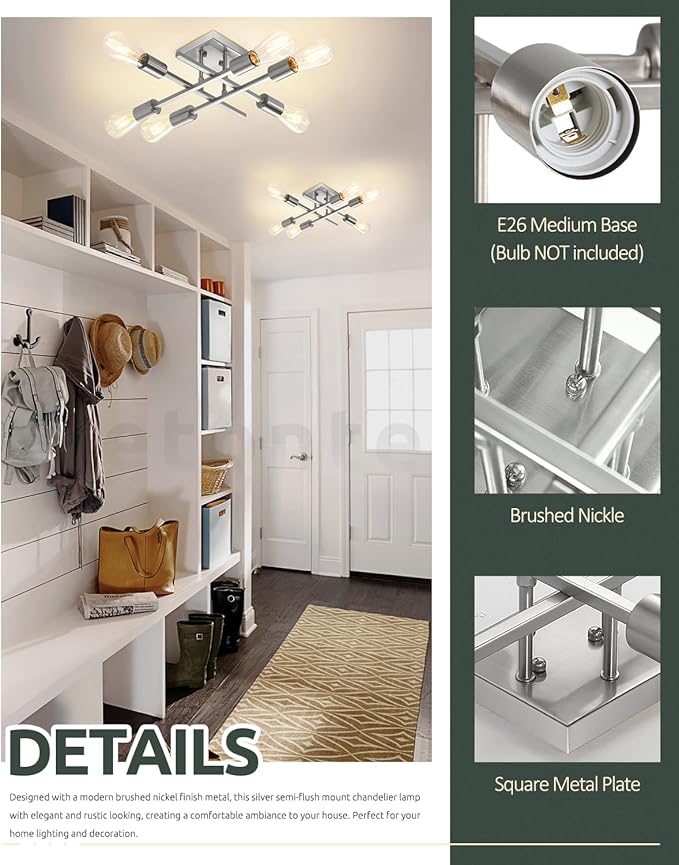 6-Light Semi Flush Mount Ceiling Light Fixture, Industrial Brushed Nickel Close to Ceiling Lighting, Modern E26 Base Sputnik Chandelier Ceiling Lamp for Bedroom Living Room Hallway, 2 Pack