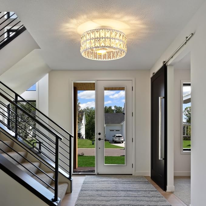 Modern Semi Flush Mount Ceiling Light - 11.8-Inch 3-Light Crystal Chandelier, White Ceiling Fixture for Bedroom Hallway Kitchen, Close-to-Ceiling Lighting with E26 Bulb Bases