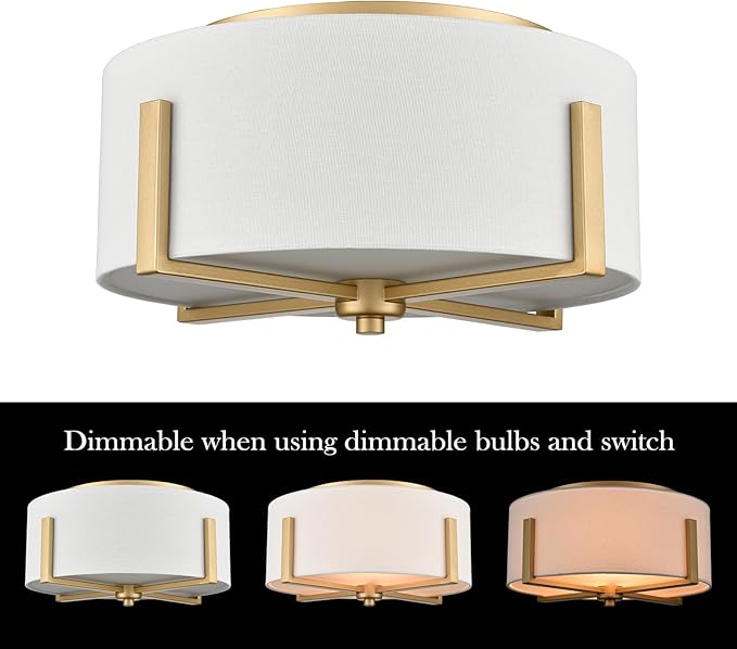 Gold Drum Ceiling Light Fixture with Linen Shade, 2-Light, 15.74"L x 15.74"W x 7.87"H, Warm White, Indoor, Modern, Living Room
