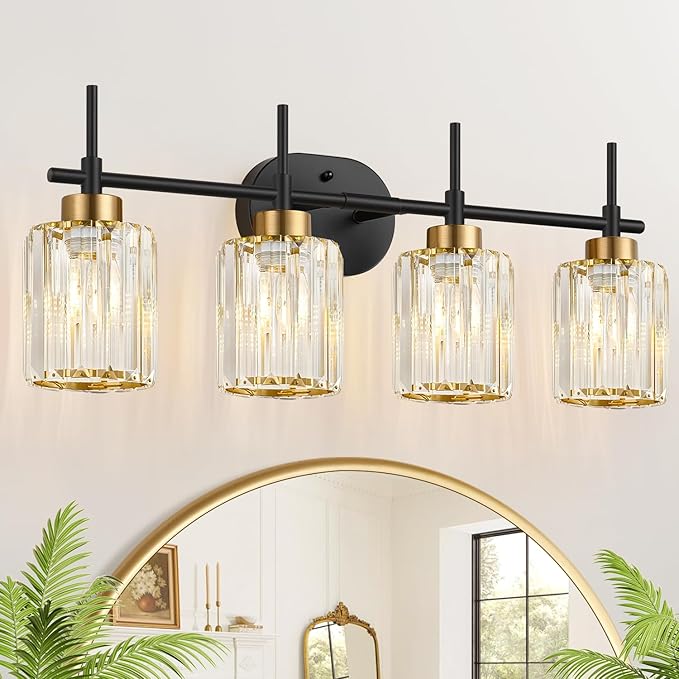 Modern Crystal Bathroom Vanity Light, 4-Light Black and Gold Bathroom Light Fixtures, Clear K9 Crystal Shades, Adjustable Up/Down Mount, E26 Base Wall Sconce (Bulbs Not Included)