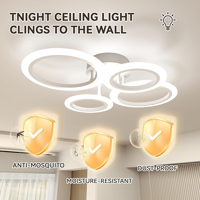 48W LED Ceiling Light, 2800K-7000K Dimmable Kitchen Light Fixtures, White 4 Arylic Ring Flush Mount Lights for Living Room, Round Chandeliers Lampara de Techo for Bedroom, Small Room