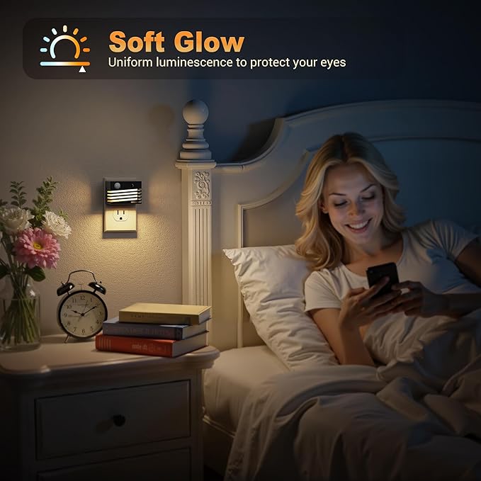 JandCase Motion Sensor Night Light, [2 Pack] Night Lights Plug into Wall, Dusk to Dawn & Motion Sensor, 3 Level Brightness Dimmable Plug in Night Light, 3000K Nightlight for Bedroom Bathroom Hallway