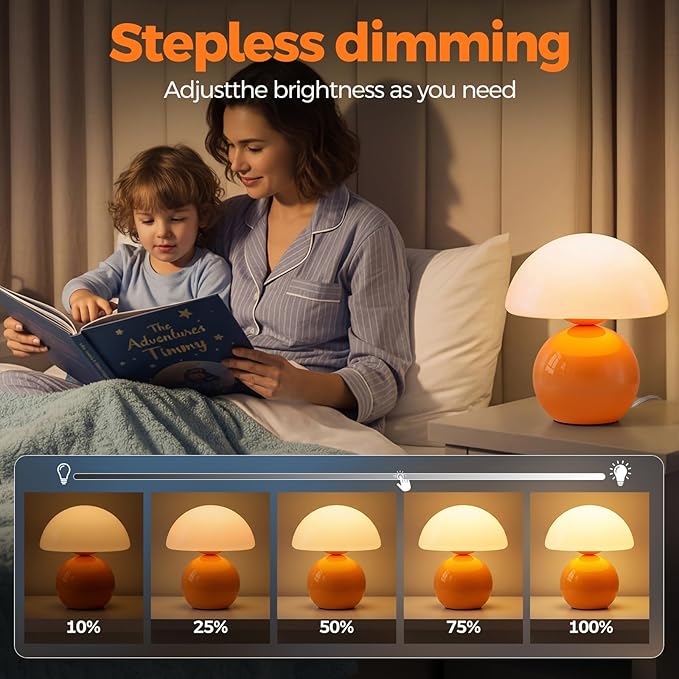 NIORSUN Mushroom Lamp,Table Lamp for Bedroom, 2700k Dimmable Desk Lamps,Small Bedside Table Lamps for Living Room Night Stands, Mushroom Decor Cute Mini Modern Mid Century Lamps Orange
