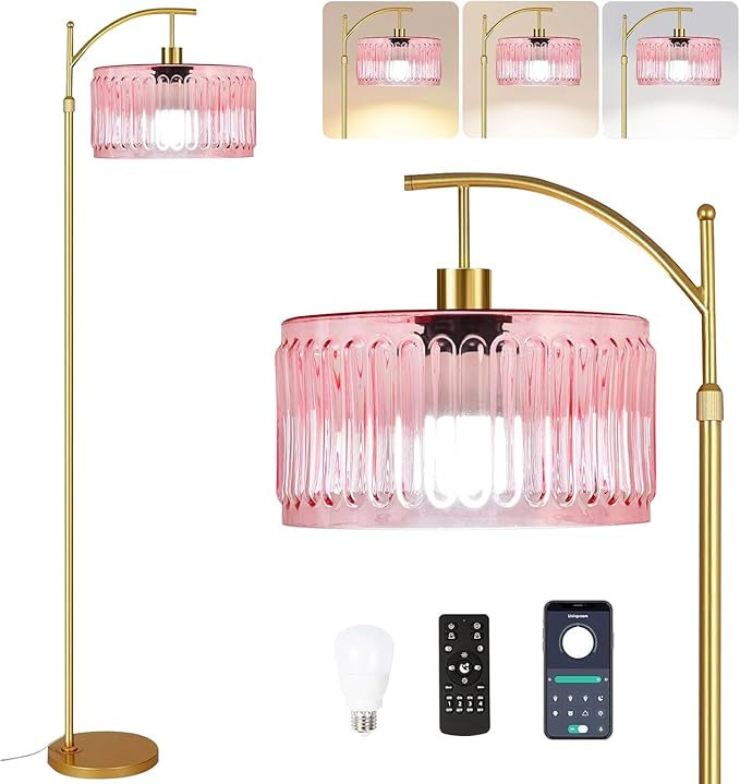 QIYIZM Pink Floor Lamp for Living Room,Bedroom,Gold Dimmable Standing Lamp with Remote,Mid Century Modern Brass Tall Lamp Boho Floor Lamps Arc Stained Glass Flower Floor Light Lamp Girls kids Bohemian