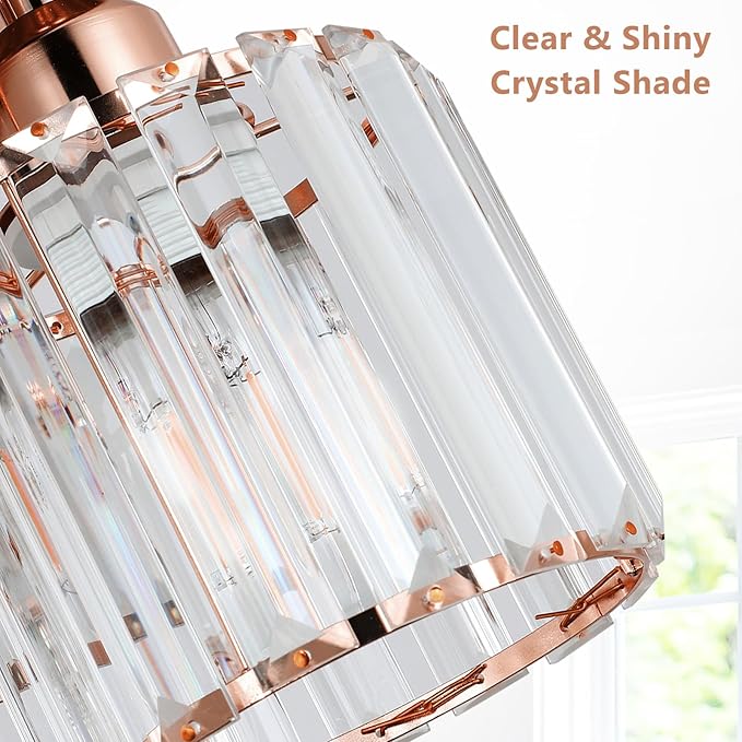 Crystal Semi Flush Mount Ceiling Light,3-Light Modern Kitchen Lighting Fixtures,Rose Gold Dining Room Light Fixture with Clear Crystal Shade，Ceiling Light Fixture for Bedroom Bathroom