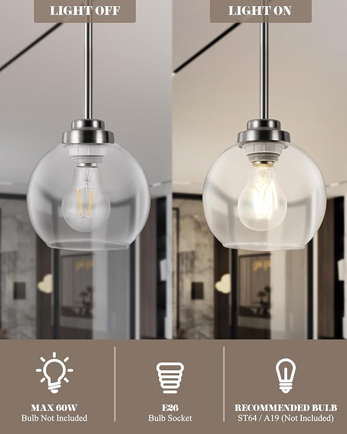 3 Pack Globe Pendant Light, Brushed Nickel Hanging Ceiling Light Fixtures with White Frosted Glass Shade, Modern House Adjustable Lights for Kitchen Island Bedroom Hallway