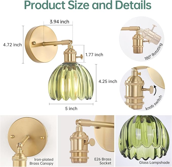 Shenmoyl Vintage Wall Sconces Set of 2 with Green Tulip Glass Lampshade 180 Degree Adjustable Brass Sconces Hradwired Modern Wall Lighting Fixture with Switch for Bedside Bedroom Doorway