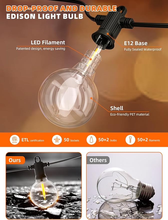 Kawaya 100FT Solar Outdoor String Lights, USB Charging & Solar Powered, IP65 Waterproof Shatterproof Edison Hanging LED Lights for Patio Garden Porch Fence Camping Party