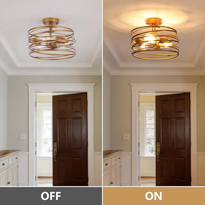 Vintage Gold 3-Light Rustic Drum Semi Flush Ceiling Light Fixture, Retro Farmhouse Chandeliers Metal Cage for Dining Room, Industrial Pendant Light Fixture for Entryway Kitchen Foyer Bedroom