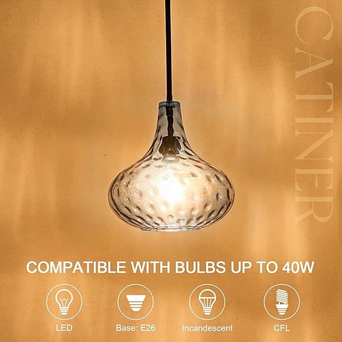 CATINER 11" Hand-Blown Blue Glass Pendant Light, Modern Hammered Glass Hanging Light Fixture with Black Finish, Adjustable Ceiling Pendant Lighting for Kitchen Island, Dining Room, Living Room
