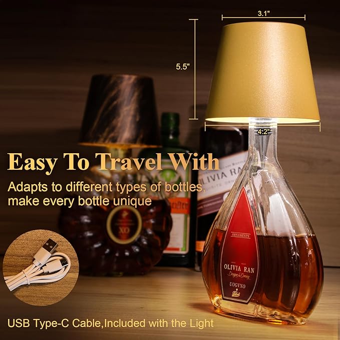 2 Pack Wine Bottle Lamps, 2026 New 3 Color Rechargeable Wireless Bottle Lamps, Bottle Lamp Kit for Liquor Bottles with Touch Dimming for Parties, Restaurants & Home Decor (‌Golden)