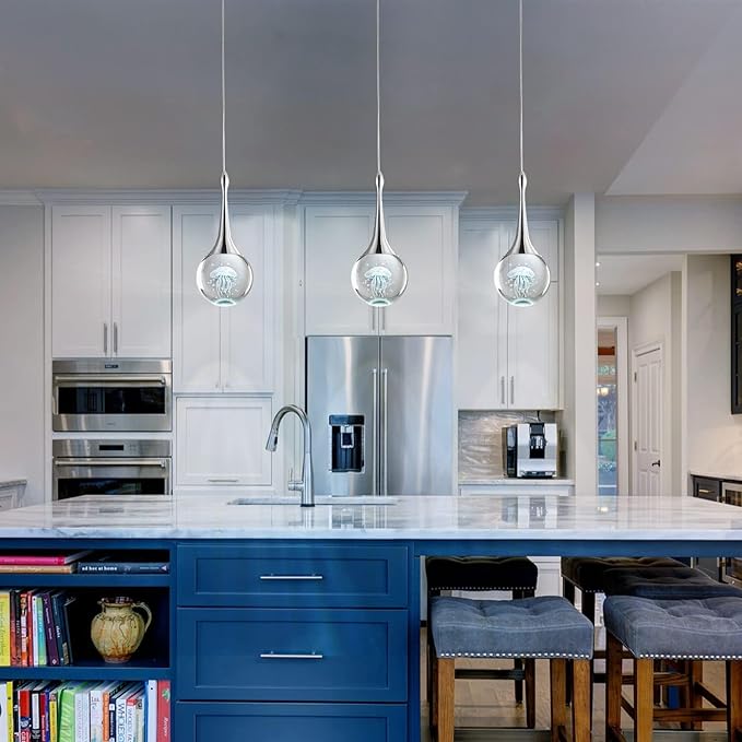 CHYING Pendant Lights Kitchen Island Chrome Modern LED Pendant Light Globe Jellyfish Pendant Lighting Mini Crystal Hanging Light for Dining Room Bathroom Bedroom Bar 6000K Cool White