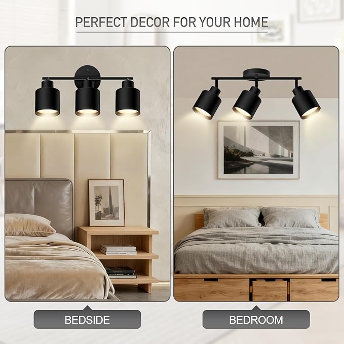 BoostArea 3-Light Led Track Lighting,Black Ceiling Lighting Fixtures,Wall Sconces Ceiling Spotlight with Foldable Light Arms for Kitchen, Closet, Bedroom,GU10 Socket, Bulbs Not Included