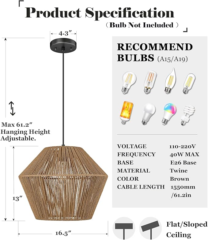 ELYONA Woven Pendant Light, 17” Modern Boho Chandelier Handwoven Rattan Basket Shade, Rustic Pendant Light Fixtures Farmhouse Ceiling Hanging Lamp for Dining Room, Kitchen Bedroom, Entryway, Foyer