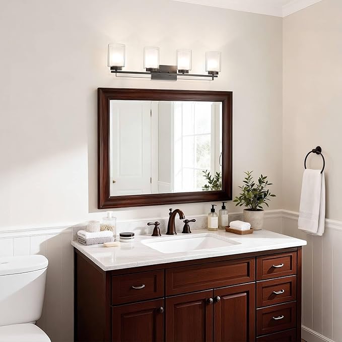 XiNBEi Lighting Wall Light 4 Light Bathroom Vanity Lighting with Dual Glass Shade in Dark Bronze Indoor Wall Mount Light XB-W1195-4-DB