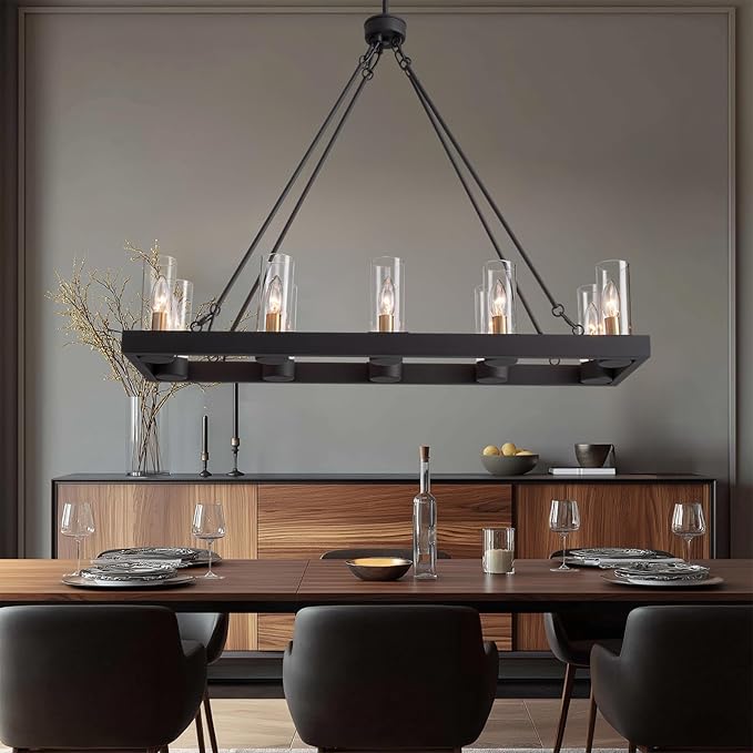 35.4" Farmhouse Rectangle Chandelier for Dining Room, 10-Light Black Hanging Fixture with 59" Adjustable Wires, Rustic Kitchen Island Ceiling Light