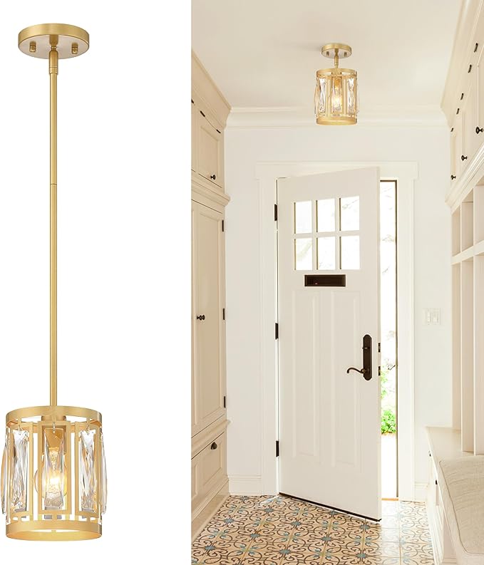 Gold Pendant Lights Kitchen Island, Crystal Pendant Light, Adjustable Hanging Light Fixture for Dining Room, Living Room, Kitchen