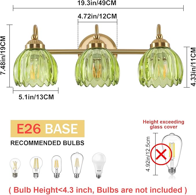 Vintage Bathroom Light Fixtures, Brass Vanity Lights with Green Tulip Glass Shade, Vanity Sconces for Bathroom Bedroom Living Room Hallway, 3-Light