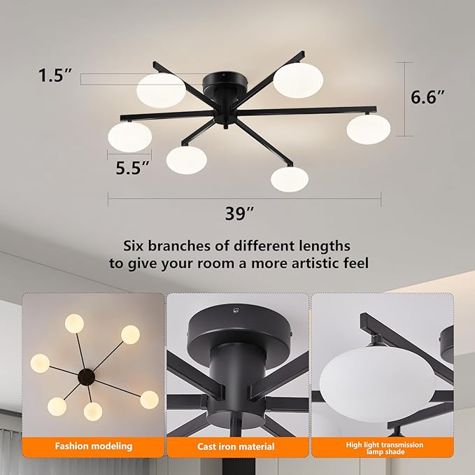 Globe Semi Flush Mount Ceiling Light Black Sputnik 6-Lights Ceiling Lighting Mid Century Modern Close to Ceiling Light for Bedroom Kitchen and Dining Room