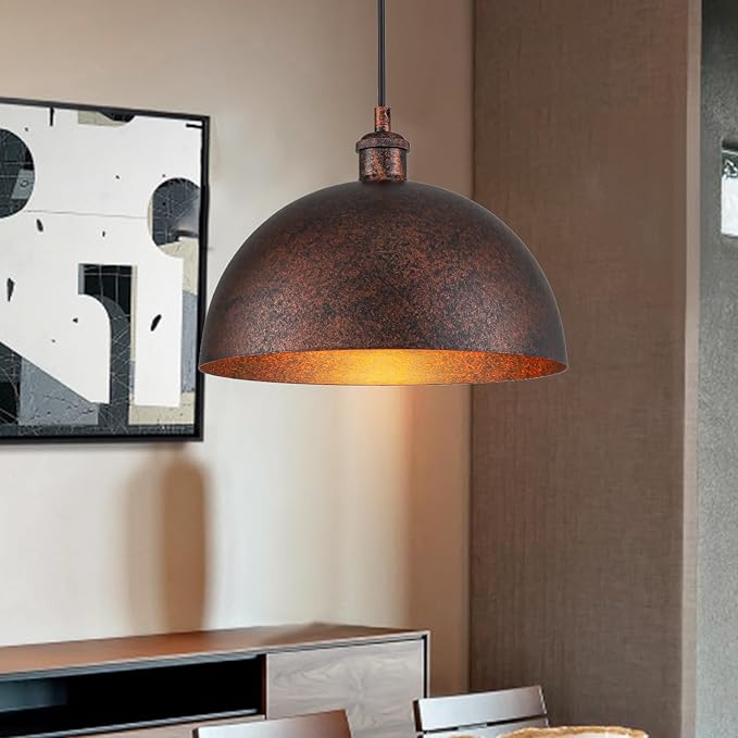 11.8” Industrial Metal Dome Pendant Light, Rust Industrial Pendant Lights for Kitchen Island, Dimmable Hanging Light Fixtures Compatible for Kitchen Island, Dining Room