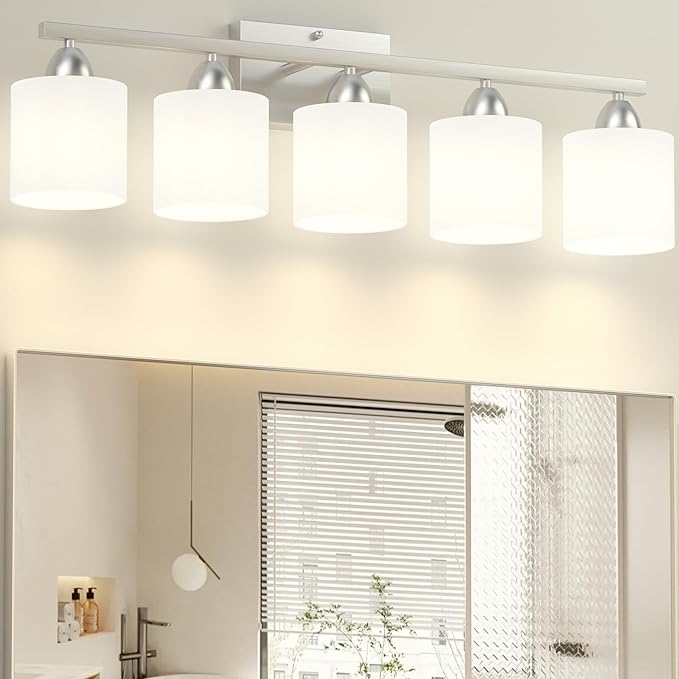 Bathroom Lighting Fixtures Over Mirror, Anti-Rust Vanity Light Fixture for Bathroom, Modern 5-Light Wall Sconce Light for Living Room, E26 Base, Milky White Glass Shades, Bulbs Not Included