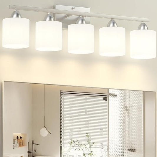 Bathroom Lighting Fixtures Over Mirror, Anti-Rust Vanity Light Fixture for Bathroom, Modern 5-Light Wall Sconce Light for Living Room, E26 Base, Milky White Glass Shades, Bulbs Not Included